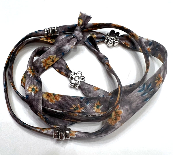 Fabric Ribbon Wrap with Flower Charms SUNFLOWER/GREY