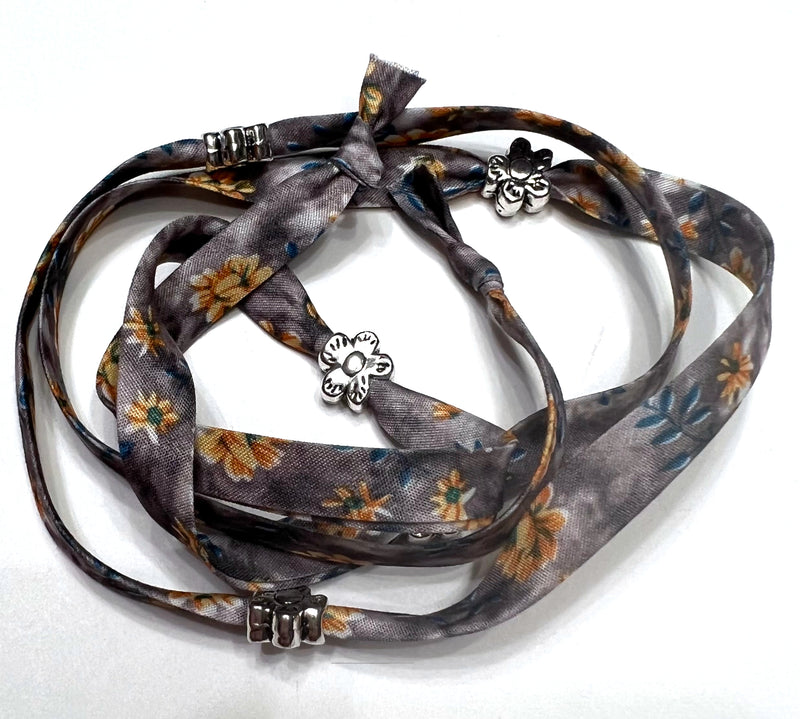 Fabric Ribbon Wrap with Flower Charms SUNFLOWER/GREY