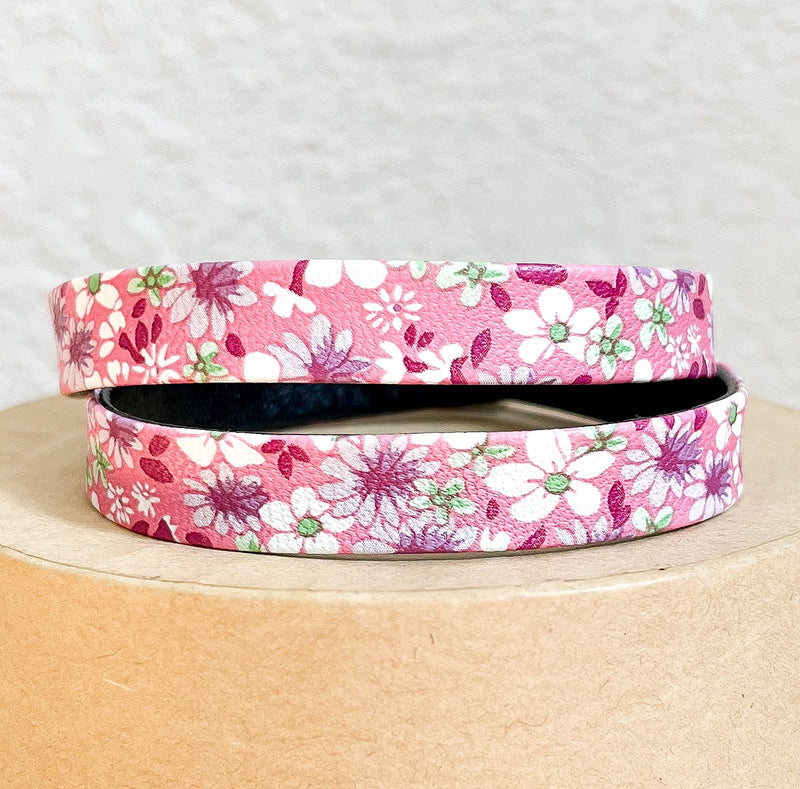 Faux Leather/ Pink Flower/ Double Wrap/ Stainless Steel Clasp