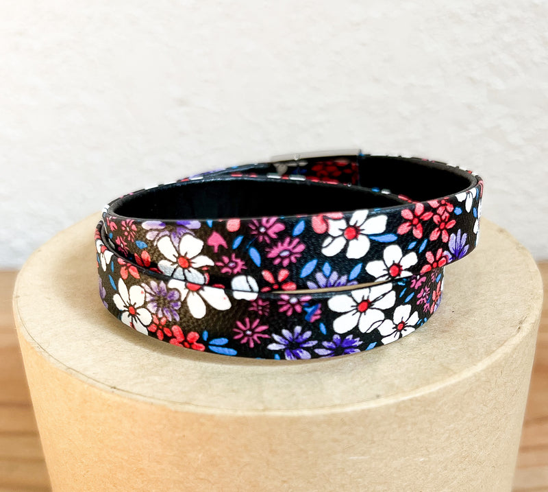 Faux Leather/ Black with Purple Flowers/ Double Wrap/ Stainless Steel Clasp