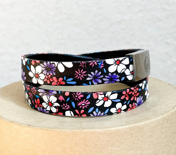 Faux Leather/ Black with Purple Flowers/ Double Wrap/ Stainless Steel Clasp