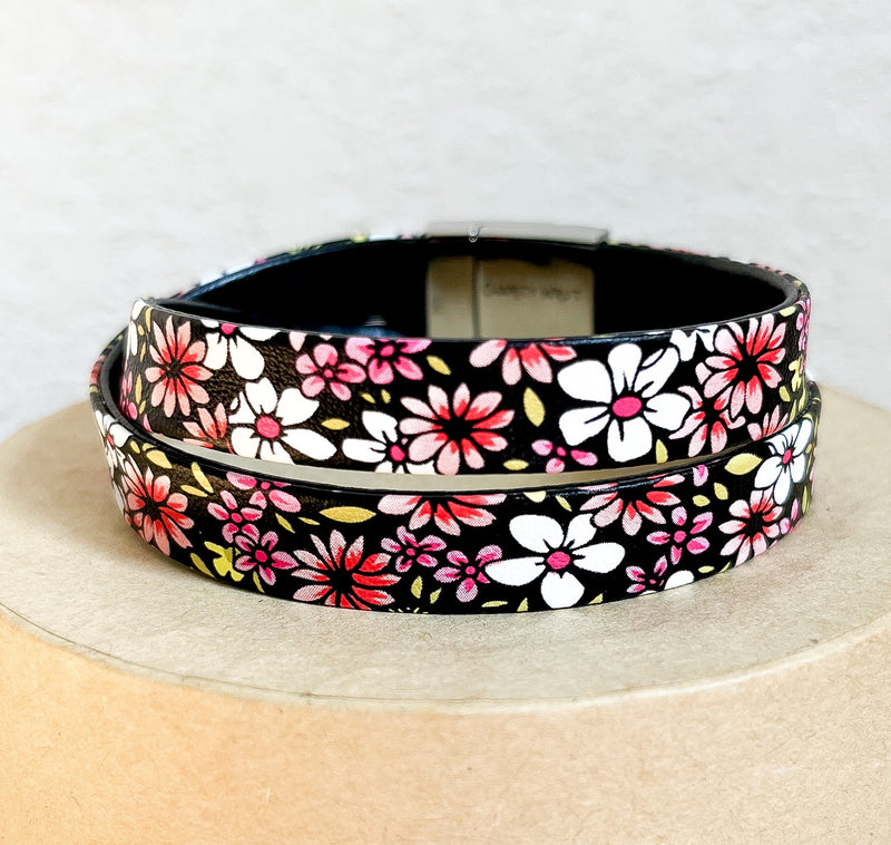 Faux Leather/ Black with Pink Flowers/ Double Wrap/ Stainless Steel Clasp