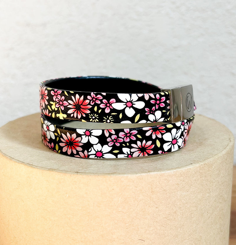 Faux Leather/ Black with Pink Flowers/ Double Wrap/ Stainless Steel Clasp