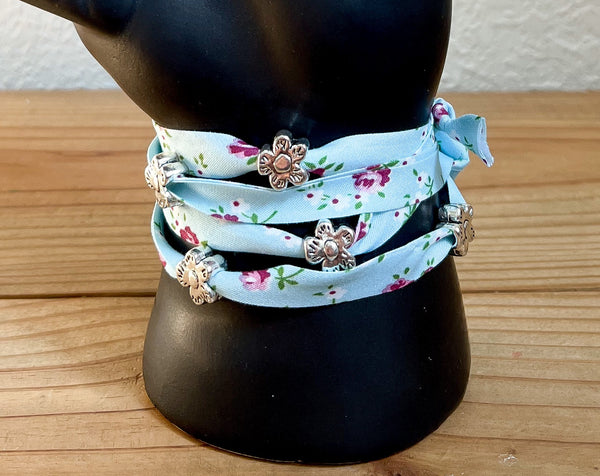 Fabric Ribbon Wrap with Flower Charms LIGHT BLUE