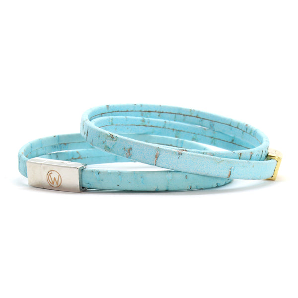 Light Blue Double Wrap Cork Bracelet LARGE/SILVER