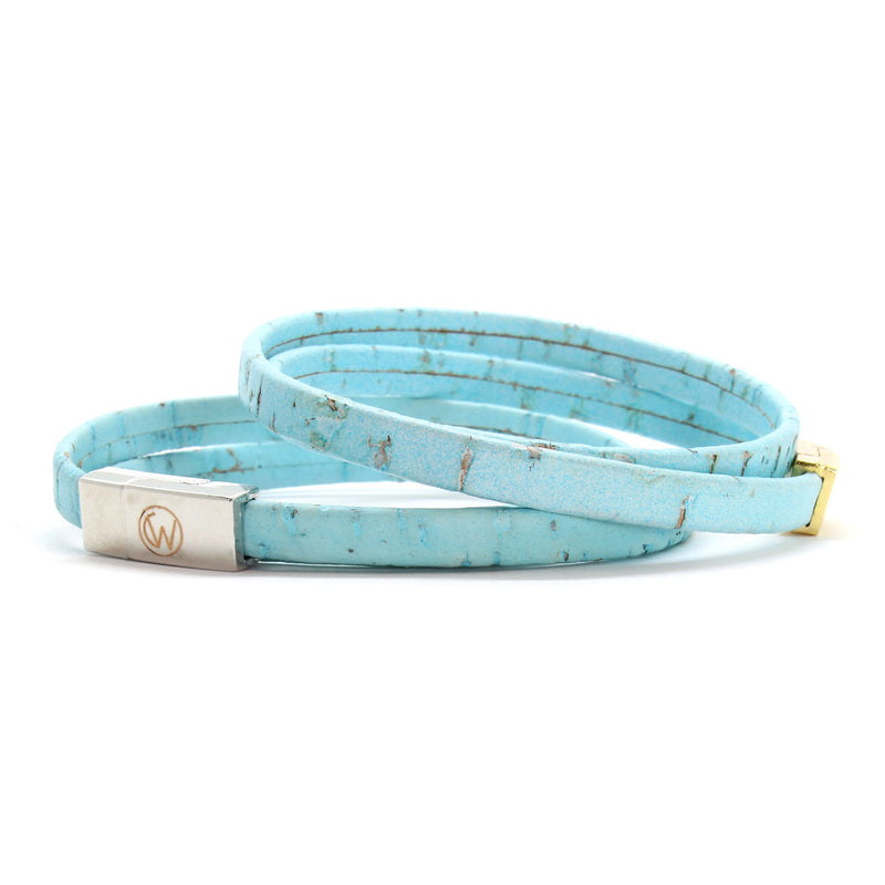 Light Blue Double Wrap Cork Bracelet LARGE/SILVER