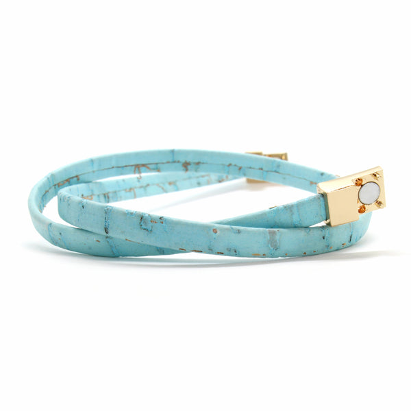 Light Blue Double Wrap Cork Bracelet MEDIUM/GOLD